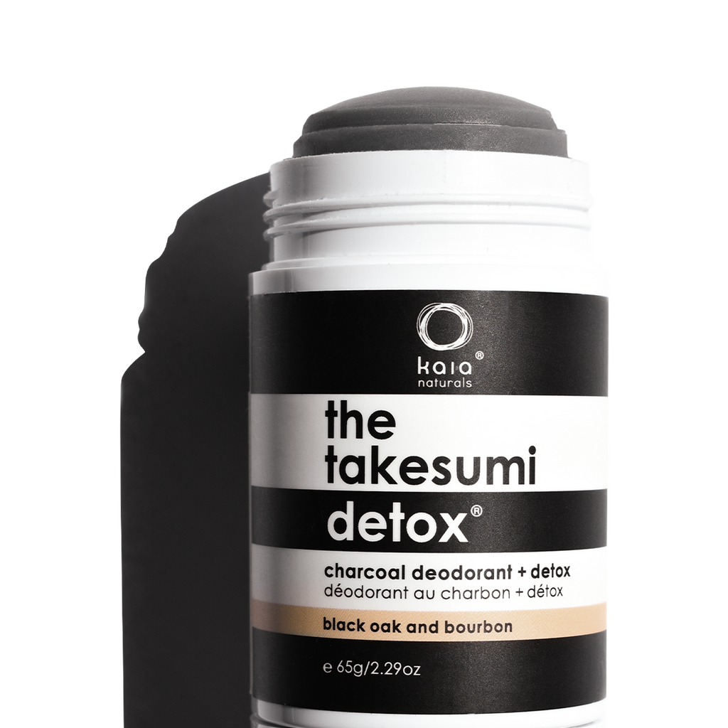 A container of kaia naturals "the takesumi detox" charcoal deodorant in black oak scent.