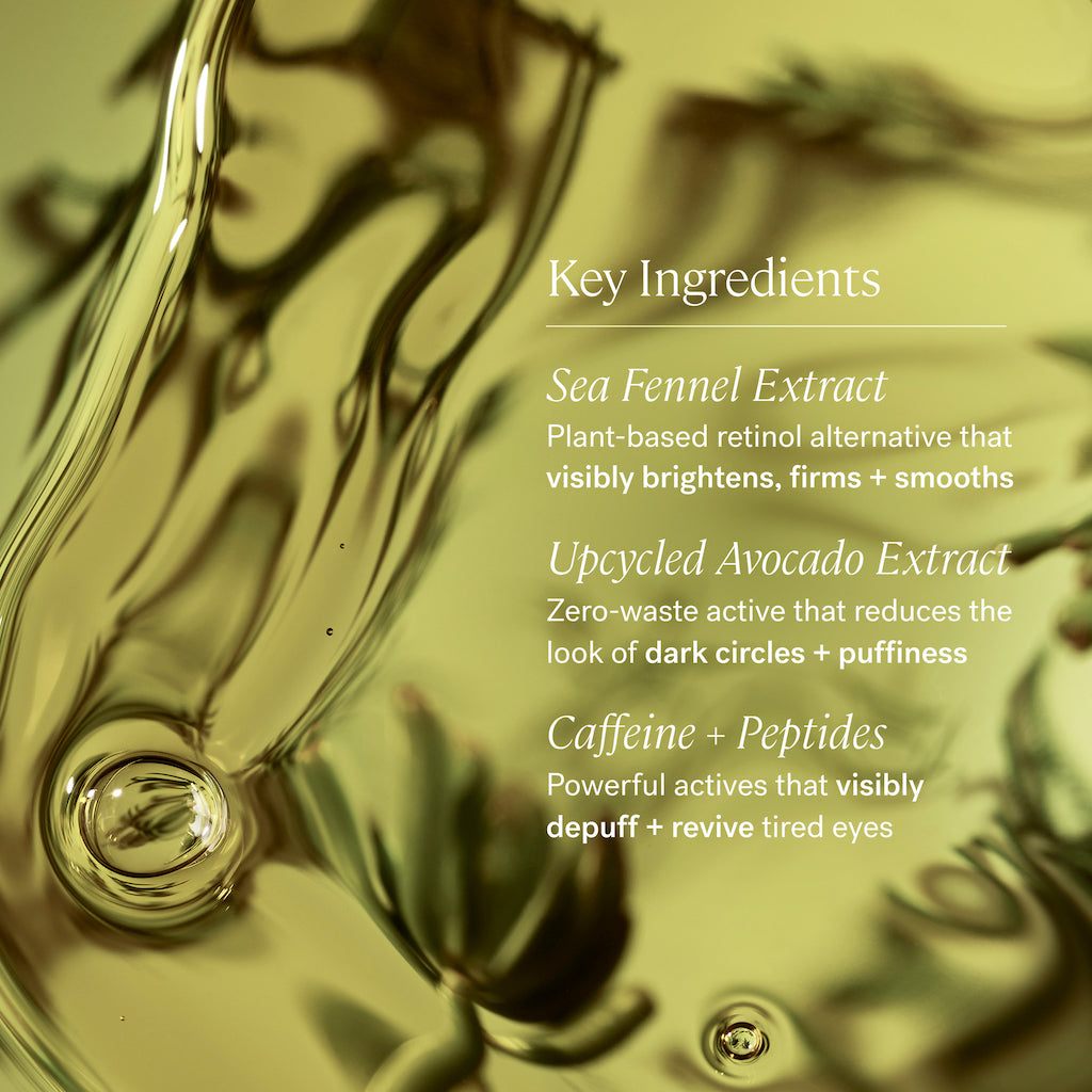 A promotional image featuring a list of key ingredients in a beauty product, set against a backdrop of swirling golden liquid.
