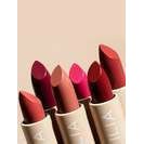 A collection of lipstick shades arranged in a line against a neutral background.