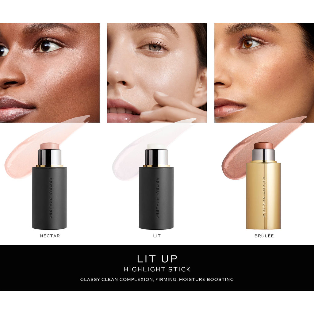 Promotional collage for highlight sticks, showcasing product varieties and their effect on skin with close-up shots of application and results.