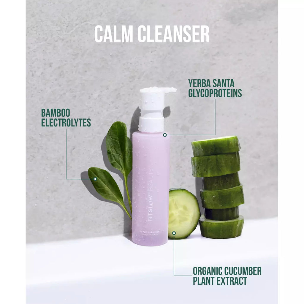 A skincare product labeled "calm cleanser" alongside ingredients including bamboo electrocytes, yerba santa glycoproteins, and a stack of cucumber slices, implying organic cucumber plant extract content.