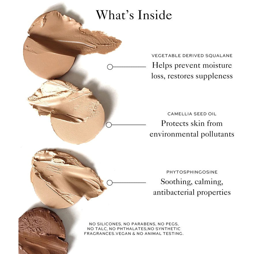 Swatches of foundation displaying its natural ingredients and benefits without harmful additives or animal testing.