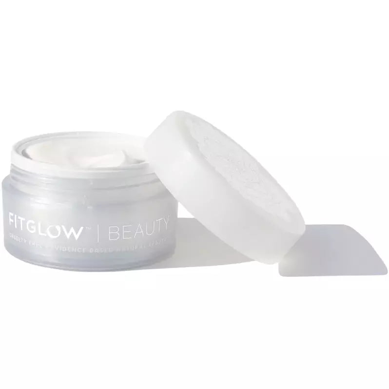 Container of fitglow beauty facial cream with lid off.