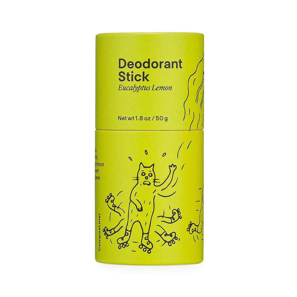 A eucalyptus lemon deodorant stick with playful cat illustrations on bright yellow packaging.