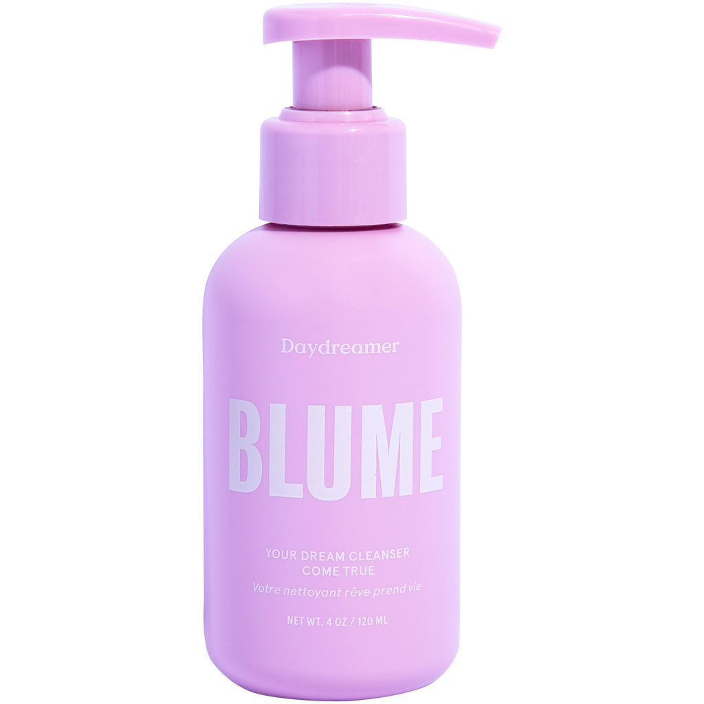 A pink bottle of blume daydreamer face cleanser with a pump dispenser.
