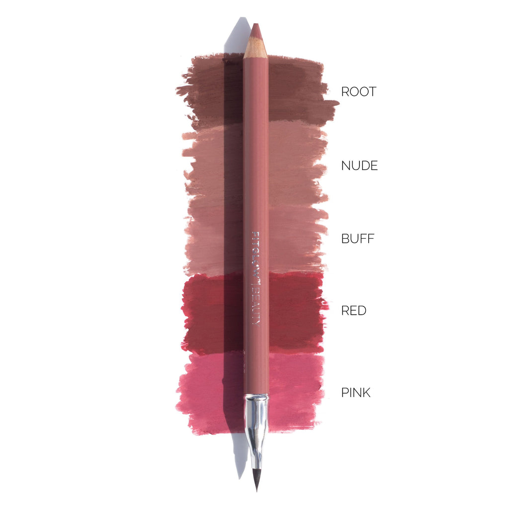 A lip pencil with color swatches labeled root, nude, buff, red, and pink.