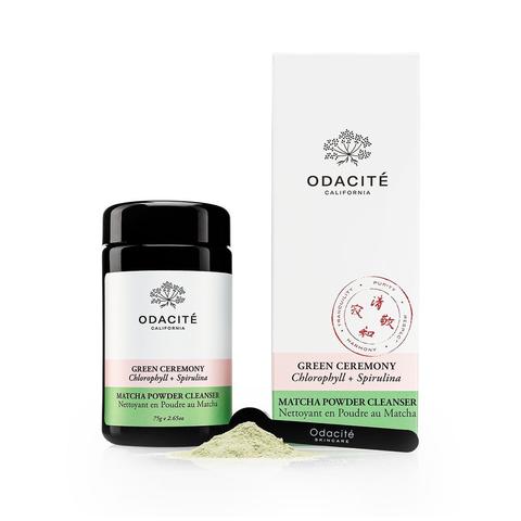 Matcha powder facial cleanser by odacite with packaging displayed.
