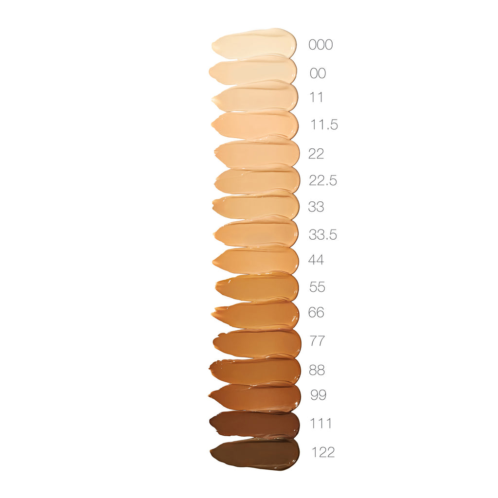 A range of foundation swatches in various shades from light to dark with numerical labels.