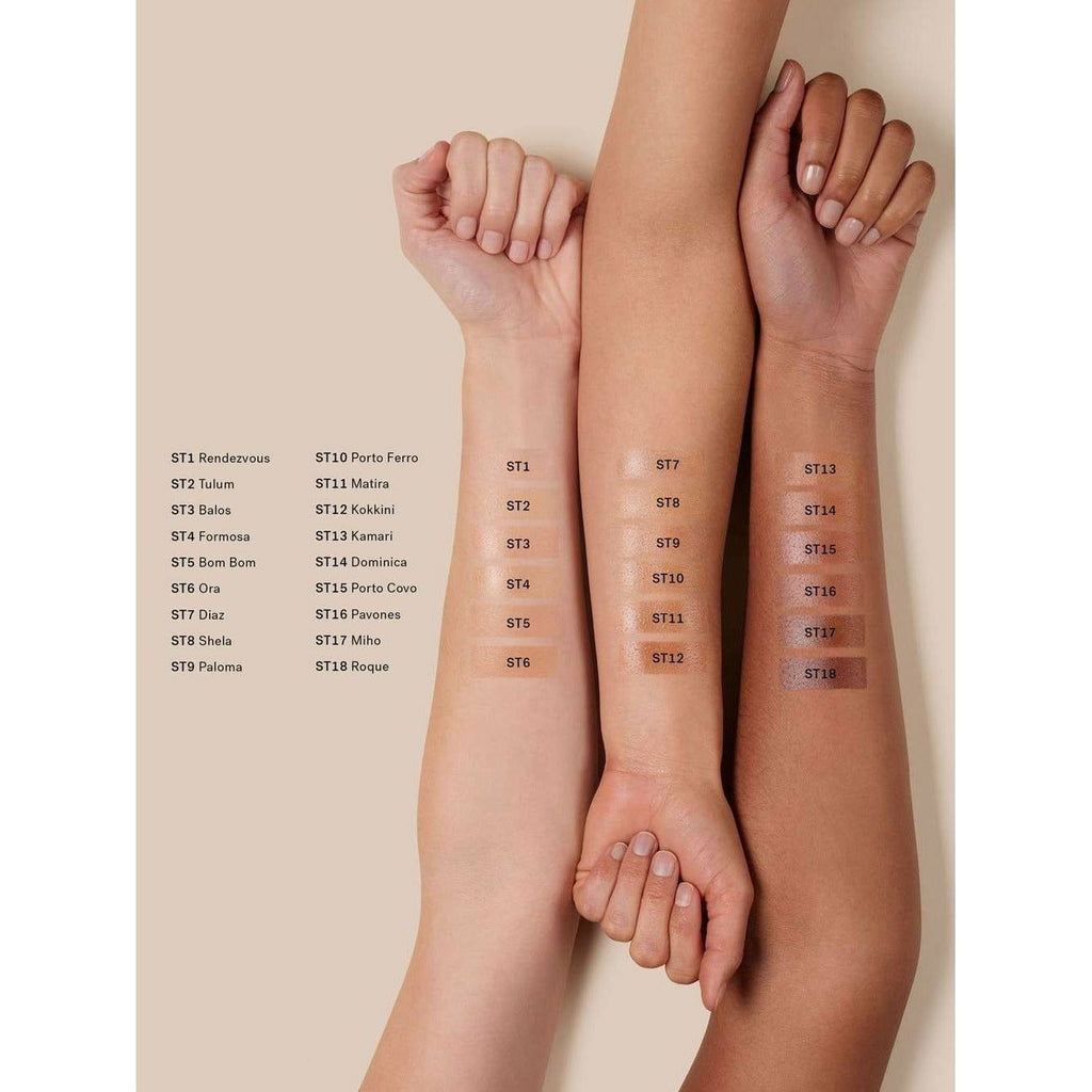 Four arms displaying various shades of foundation makeup, each labeled with a different number and name to indicate the color match options available.