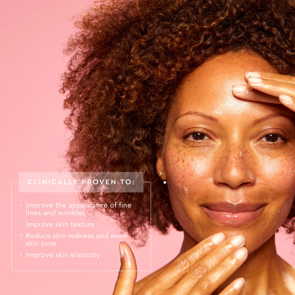 Woman applying skincare product, with benefits listed including improvement of fine lines, texture, redness, and skin tone.