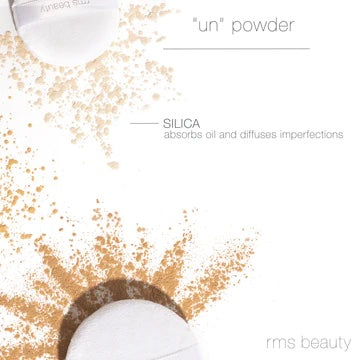 White and beige powders scattered with a puff, labeled as "un" powder by rms beauty, highlighting silica's oil-absorbing properties.