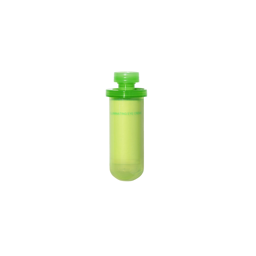 A green transparent pill bottle with a child-resistant cap, isolated on a white background.
