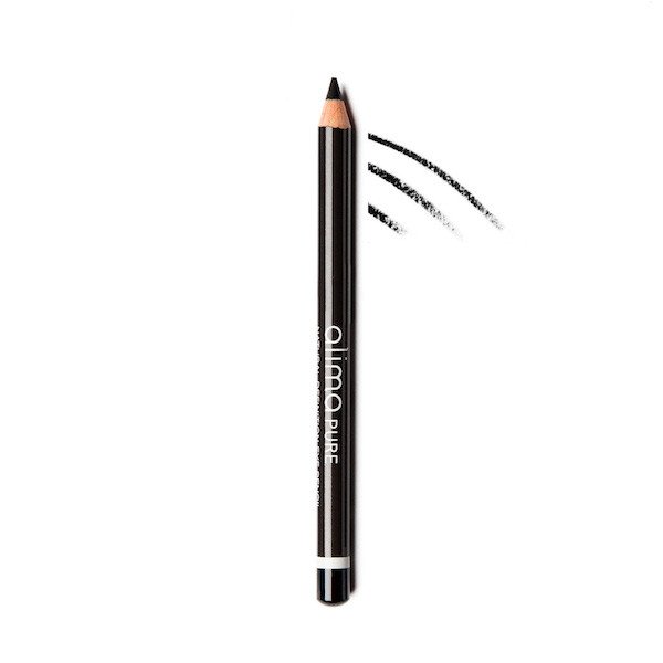 Black eyeliner pencil with a smudged line example to its right.