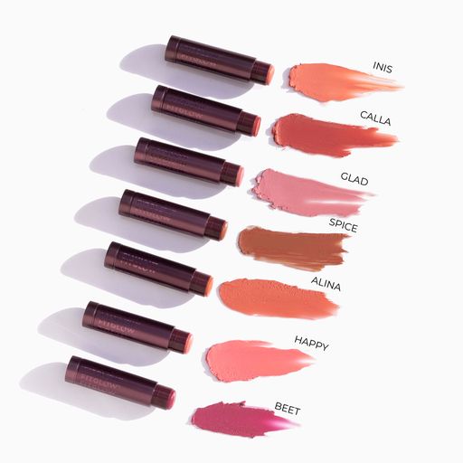 Collection of lipstick shades with corresponding swatches and names against a white background.