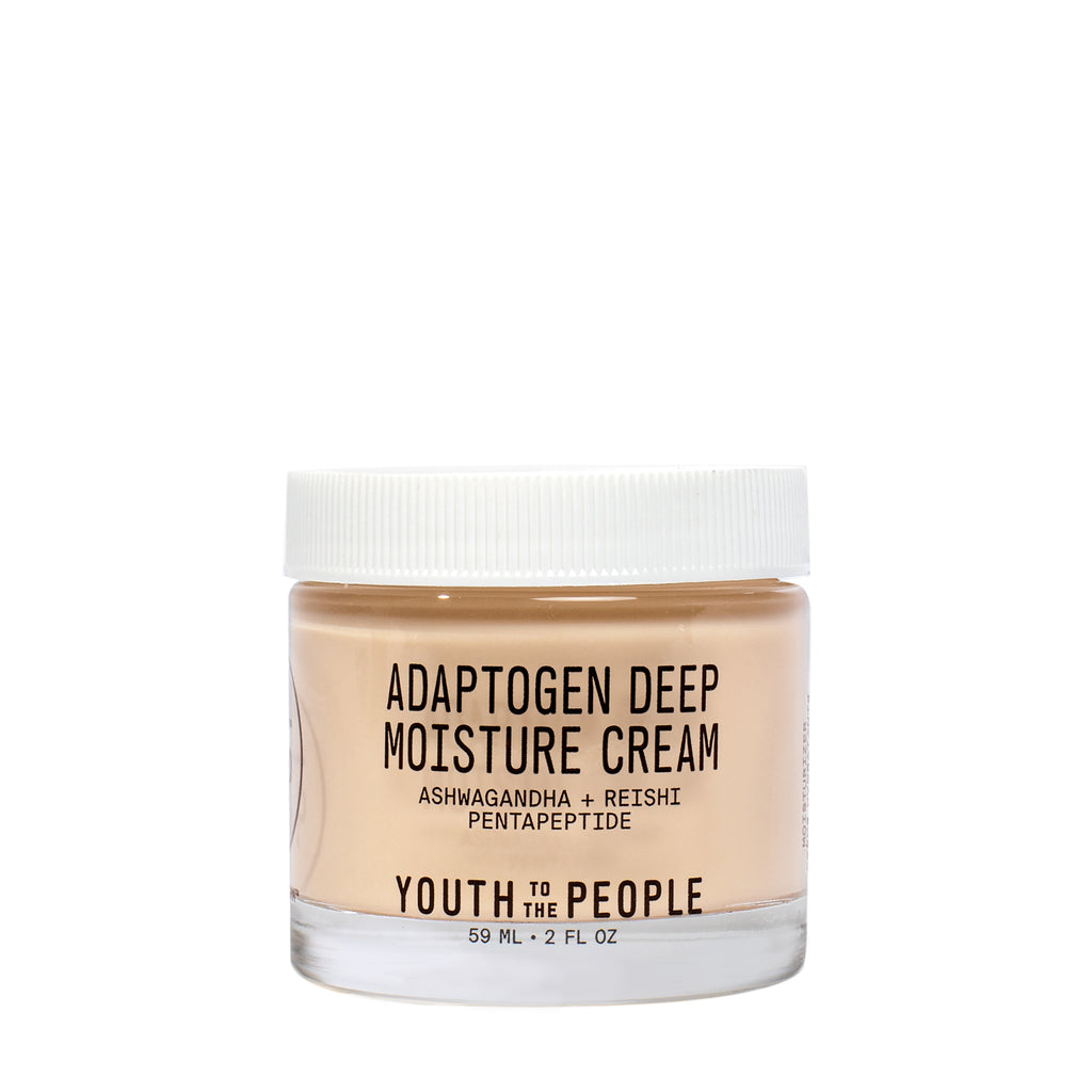 Glass jar of "adaptogen deep moisture cream" by youth to the people.