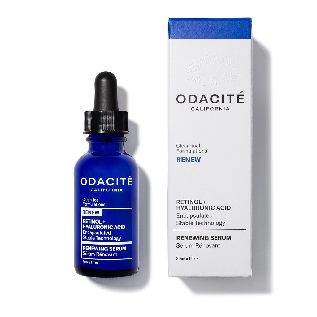 A bottle of odacite hyaluronic acid renewing serum next to its packaging box.