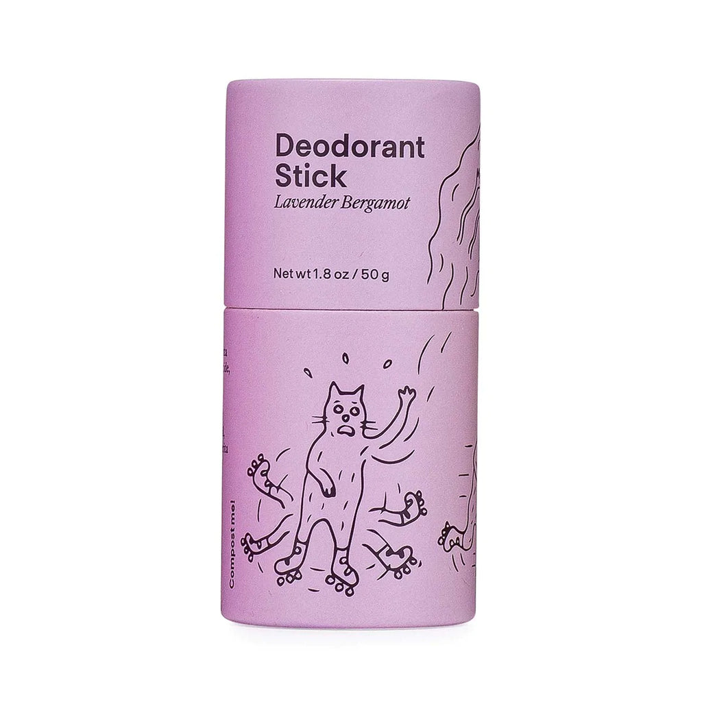 A lavender bergamot deodorant stick with whimsical illustration on the label.