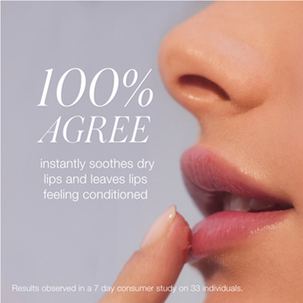 Close-up of a person's lips with text claiming 100% agreement on the product's effectiveness in soothing dry lips, based on a 7-day study.