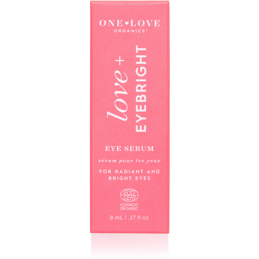 A pink package of one love organics' love + eyebright eye serum with text indicating its purpose for radiant and bright eyes, size 8ml/0.27 fl oz.
