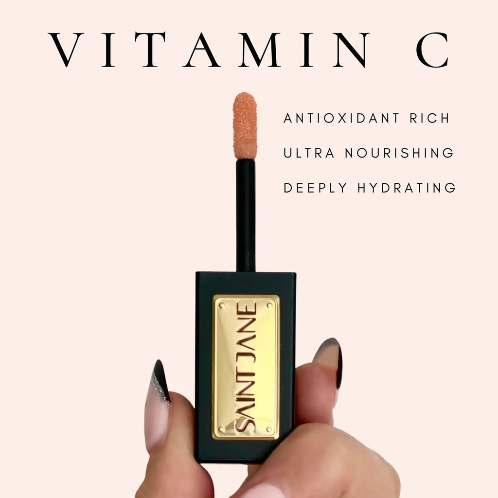 Cosmetic product highlighting vitamin c with benefits listed as antioxidant rich, ultra nourishing, and deeply hydrating.