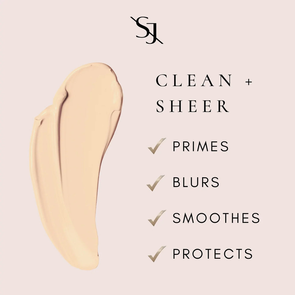 A smear of foundation accompanied by text highlighting its properties: primes, blurs, smoothes, and protects.