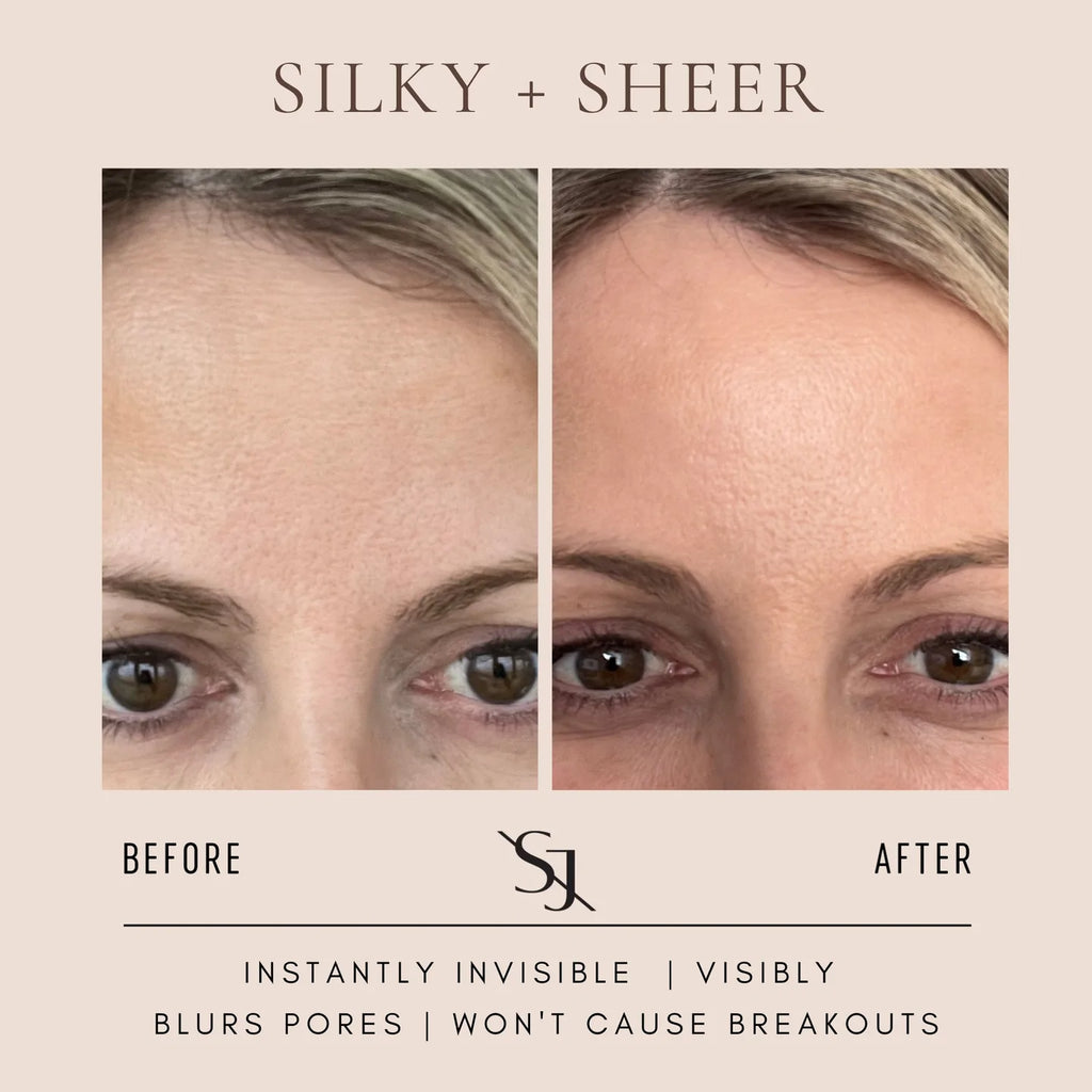 Before and after comparison of a woman's face demonstrating the effects of a cosmetic product, highlighting a smoother appearance and reduced visibility of pores.