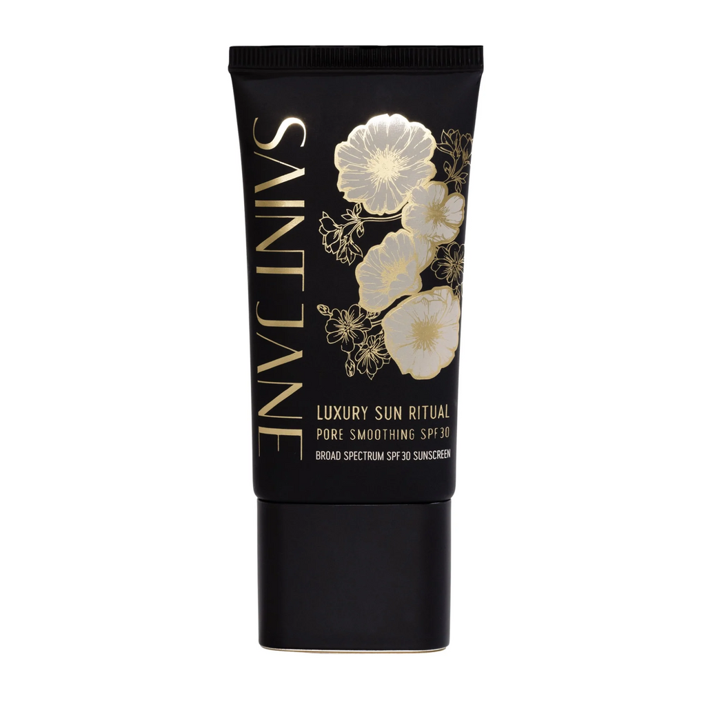 Black tube of luxury sun ritual pore smoothing spf30 sunscreen against a white background.