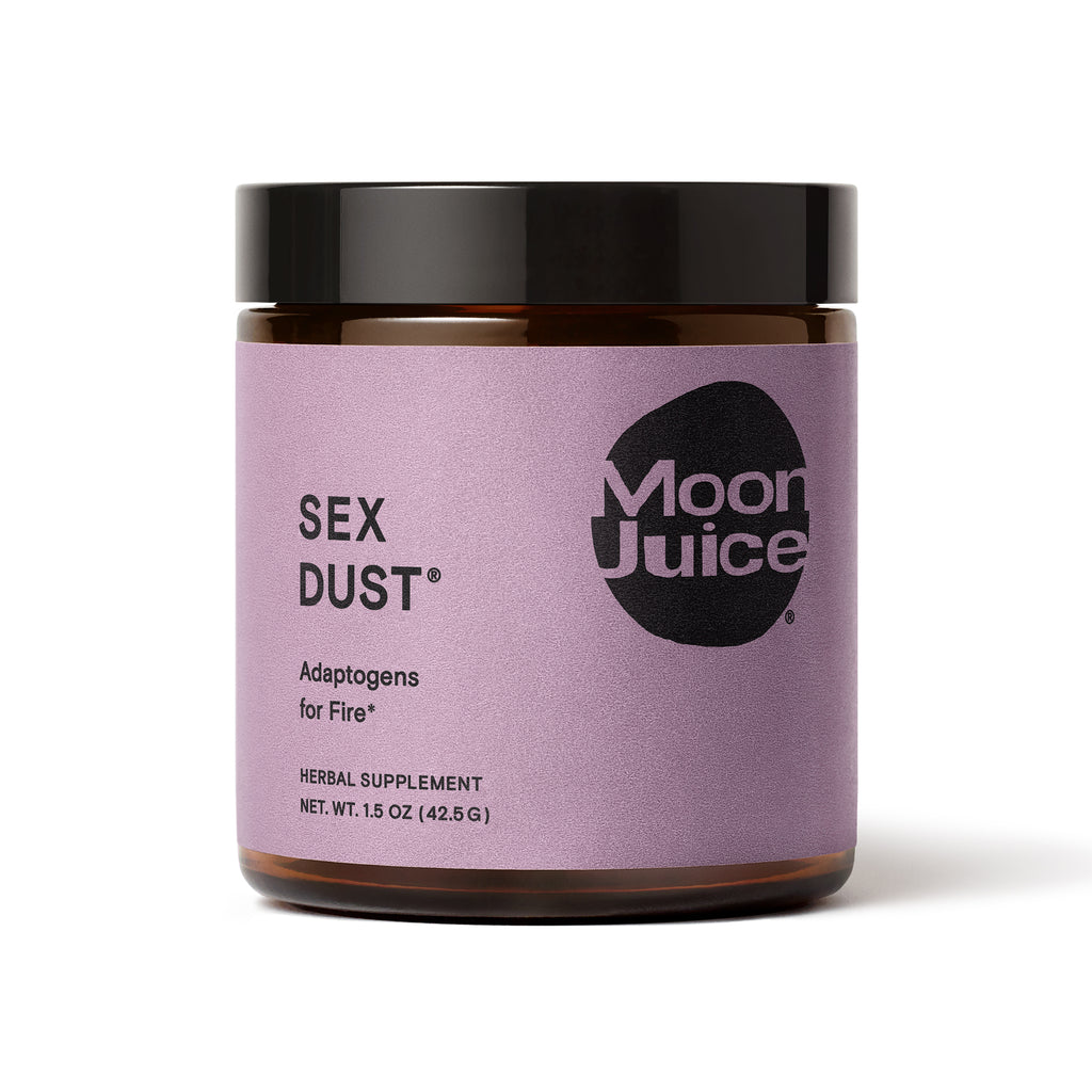 A jar of "sex dust" by moon juice, which is an herbal supplement containing adaptogens.