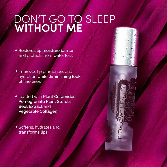 Product advertisement for a lip treatment with benefits listed on a pink background.