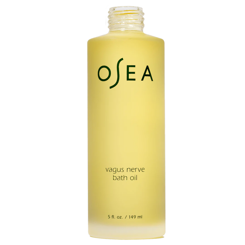 Transparent bottle of osea vagus nerve bath oil against a plain background.