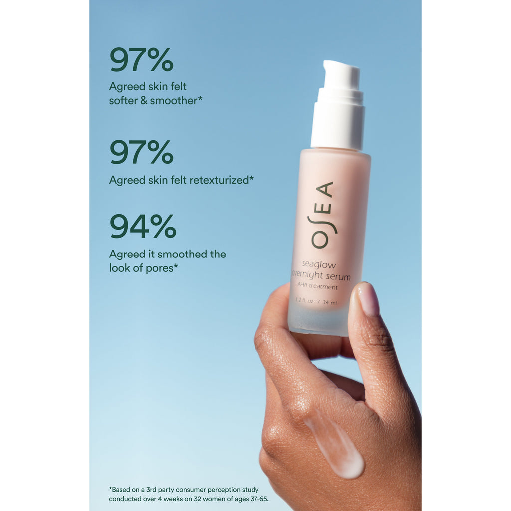 Hand holding a bottle of osea serum against a blue sky background, with statistics on skin improvement.