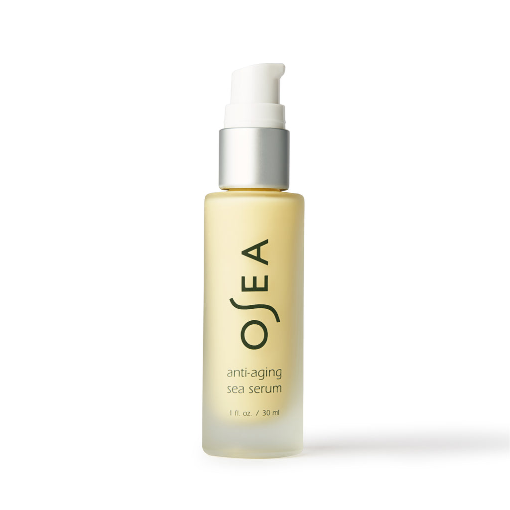 A bottle of osea anti-aging sea serum against a white background.