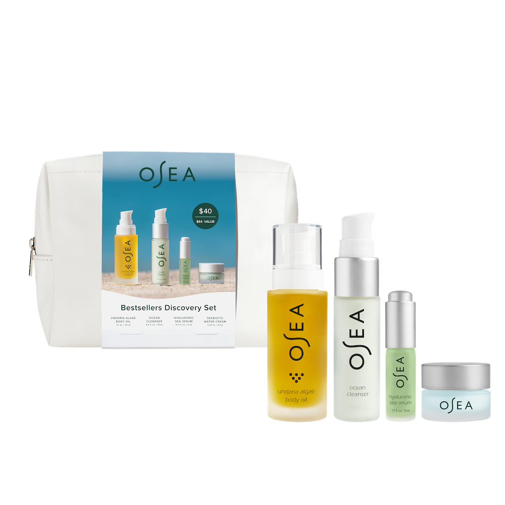 A collection of osea skincare products with a discovery set packaging and a white cosmetic bag.