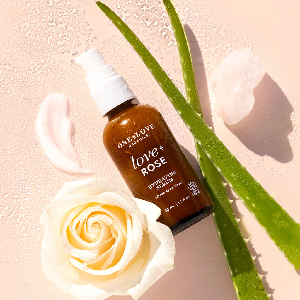 Bottle of love + rose hydrating serum beside a white rose and aloe vera on a dewy surface.