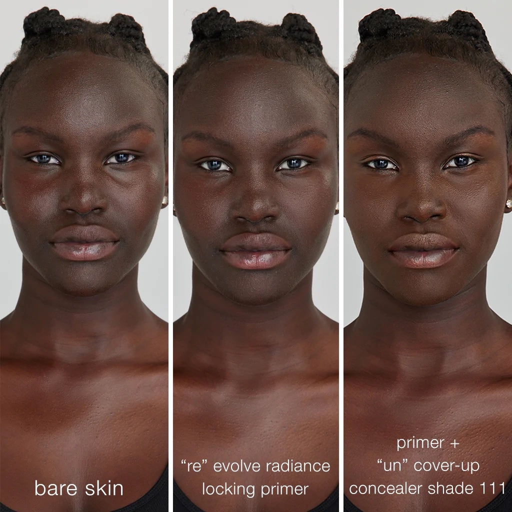Three facial portraits of the same woman showcasing makeup application steps: bare skin, with radiance locking primer, and with primer plus concealer shade 111.