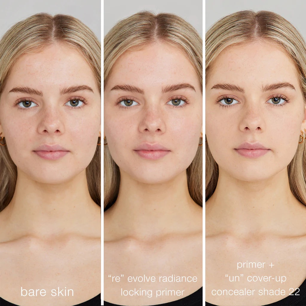 Three-panel comparison of a woman's face showing bare skin, after applying radiance locking primer, and after using primer with concealer shade 22.