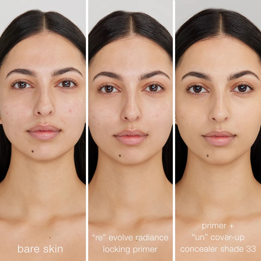 Three-panel image showing a person's face with different stages of makeup application: bare skin, after applying a radiance locking primer, and after applying concealer.