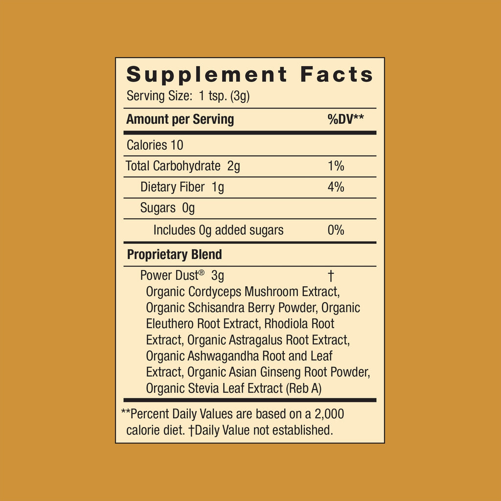 A nutrition fact label for a dietary supplement called "power dust" with ingredients listed and a serving size of 1 teaspoon.