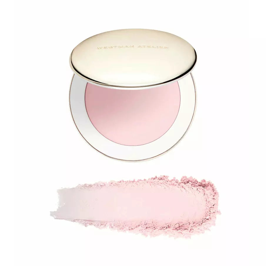Compact powder makeup with a swatch of pink blush.
