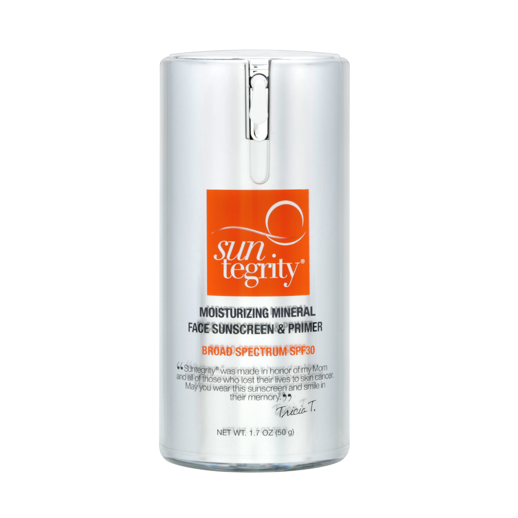 A container of suntegrity moisturizing mineral face sunscreen and primer with spf 30.