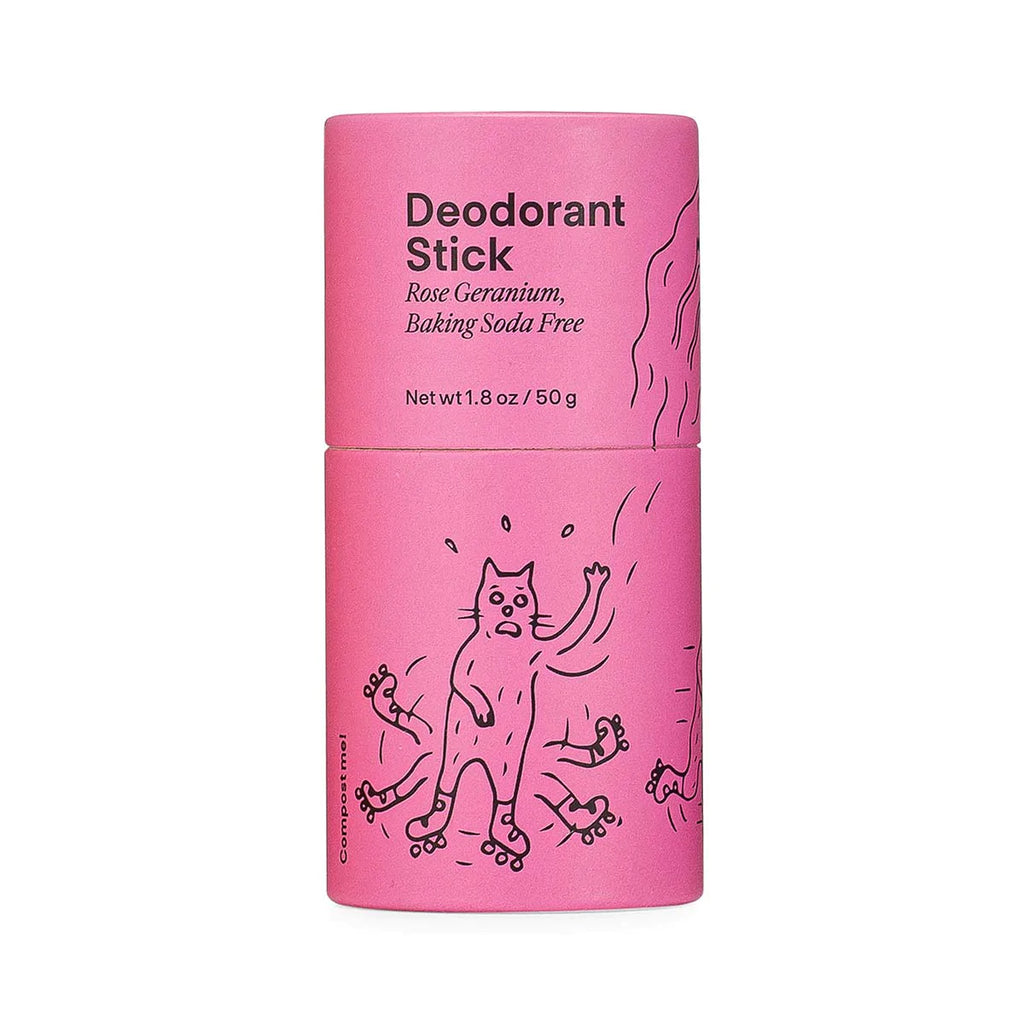 Rose geranium-scented, baking soda-free deodorant stick with whimsical cat illustration.