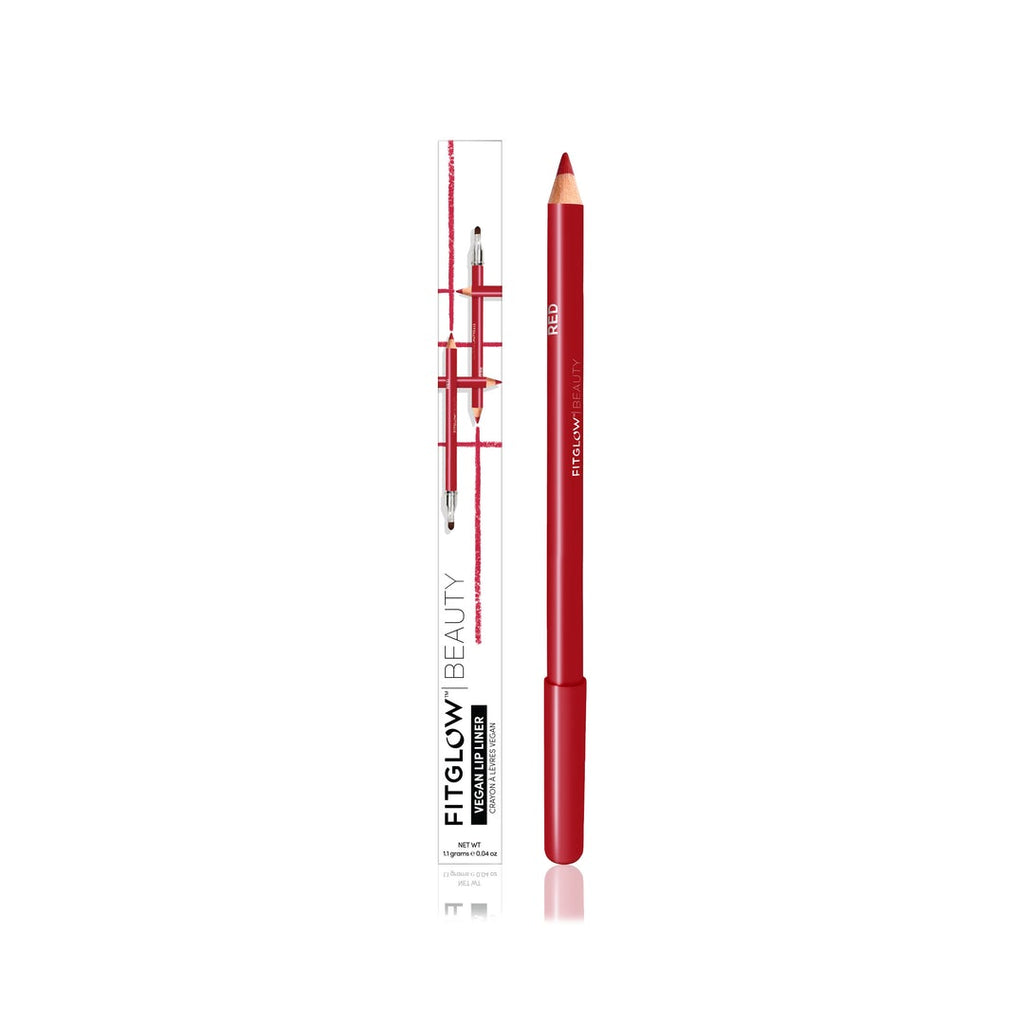 A red lip liner pencil with its cap removed, lying next to its packaging.