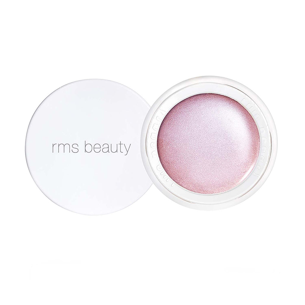 An open container of rms beauty highlighter displaying a shimmery pink product.