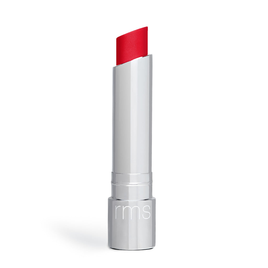 A single tube of red lipstick with a silver case, isolated on a white background.