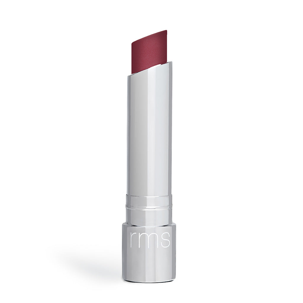 A single tube of dark red lipstick with a silver base, isolated on a white background.