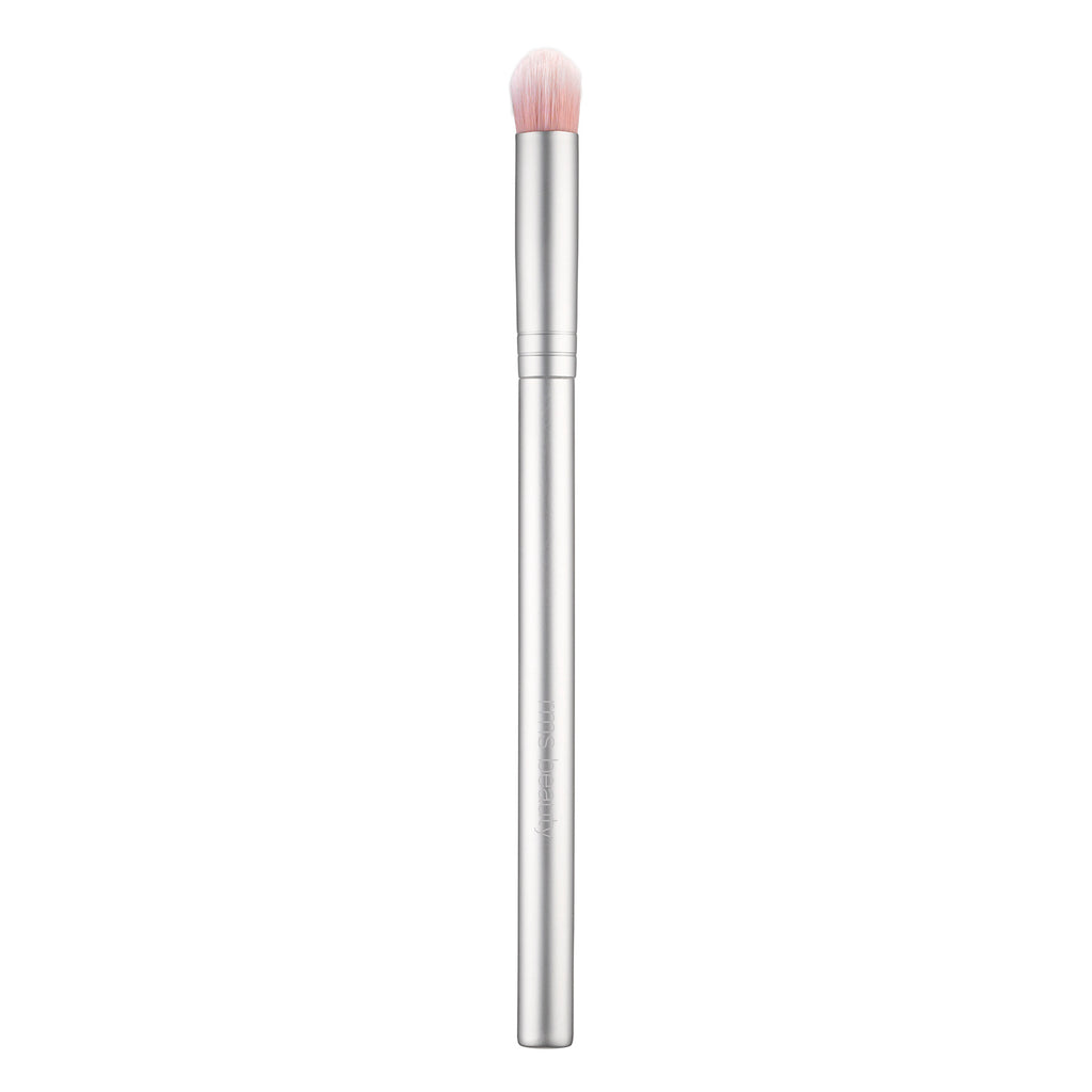 Makeup brush with a silver handle and pink bristles isolated on a white background.