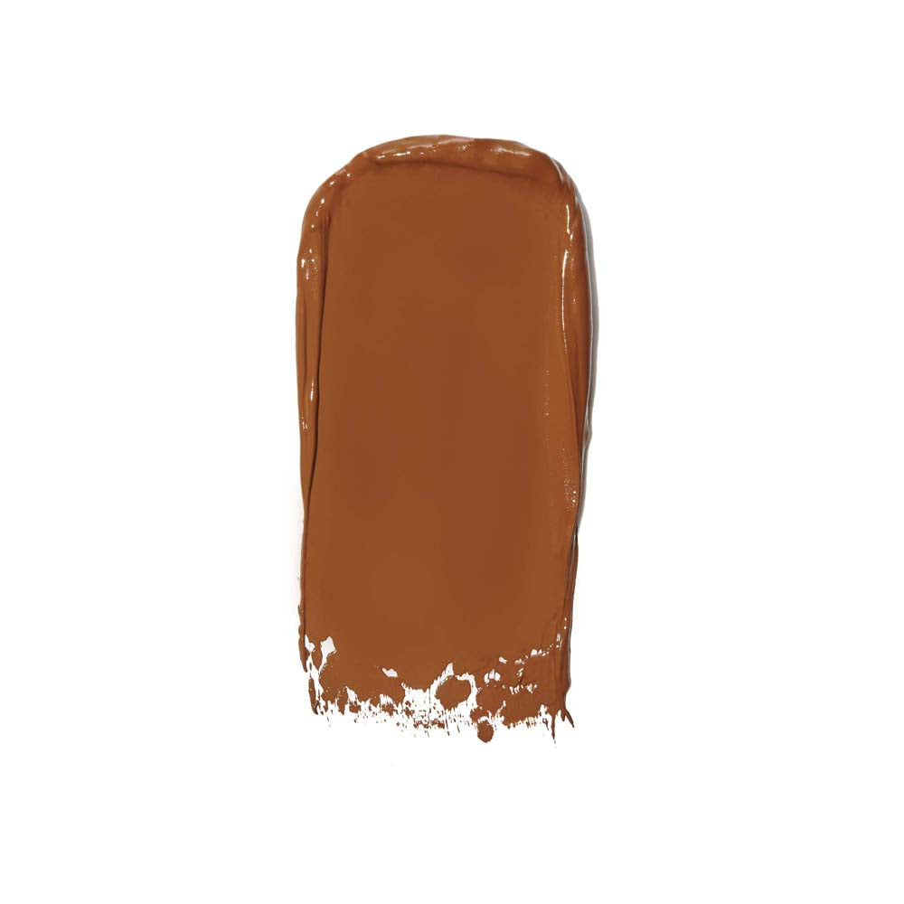 A slice of bread covered with chocolate spread on a white background.