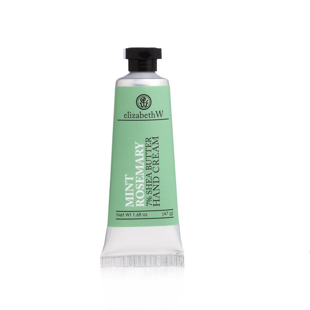 A tube of elizabeth w mint rosemary hand cream on a white background.