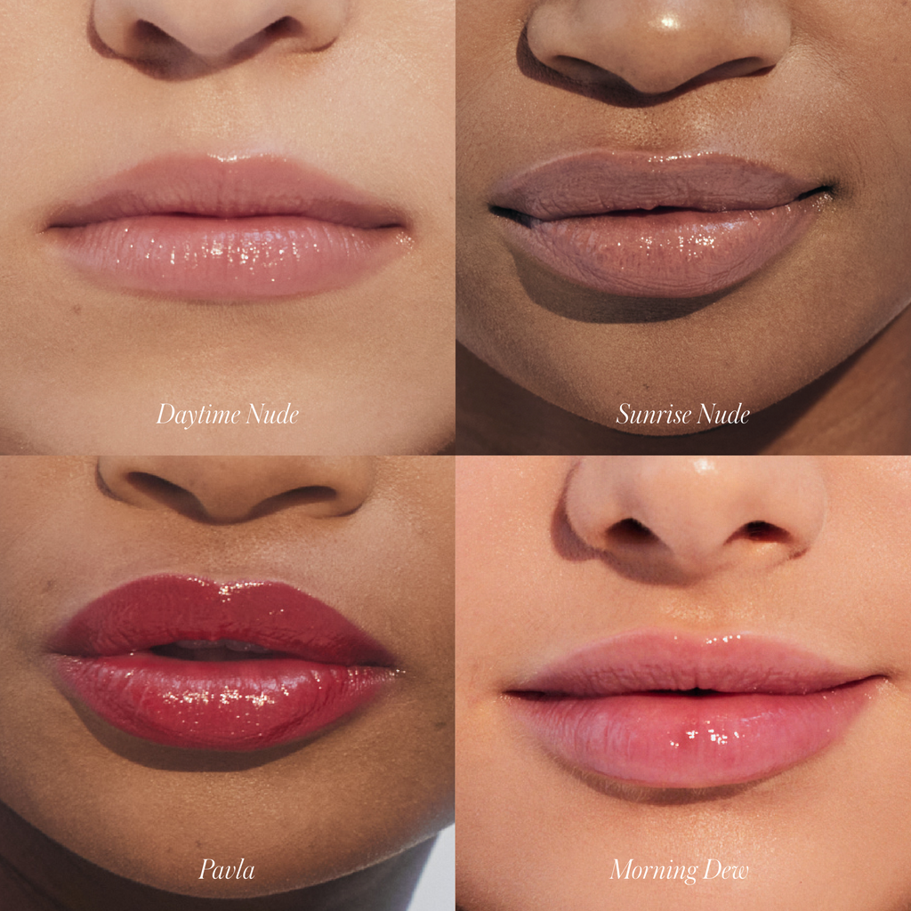 Four sets of lips showcasing different shades of lipstick, each labeled with a specific name.