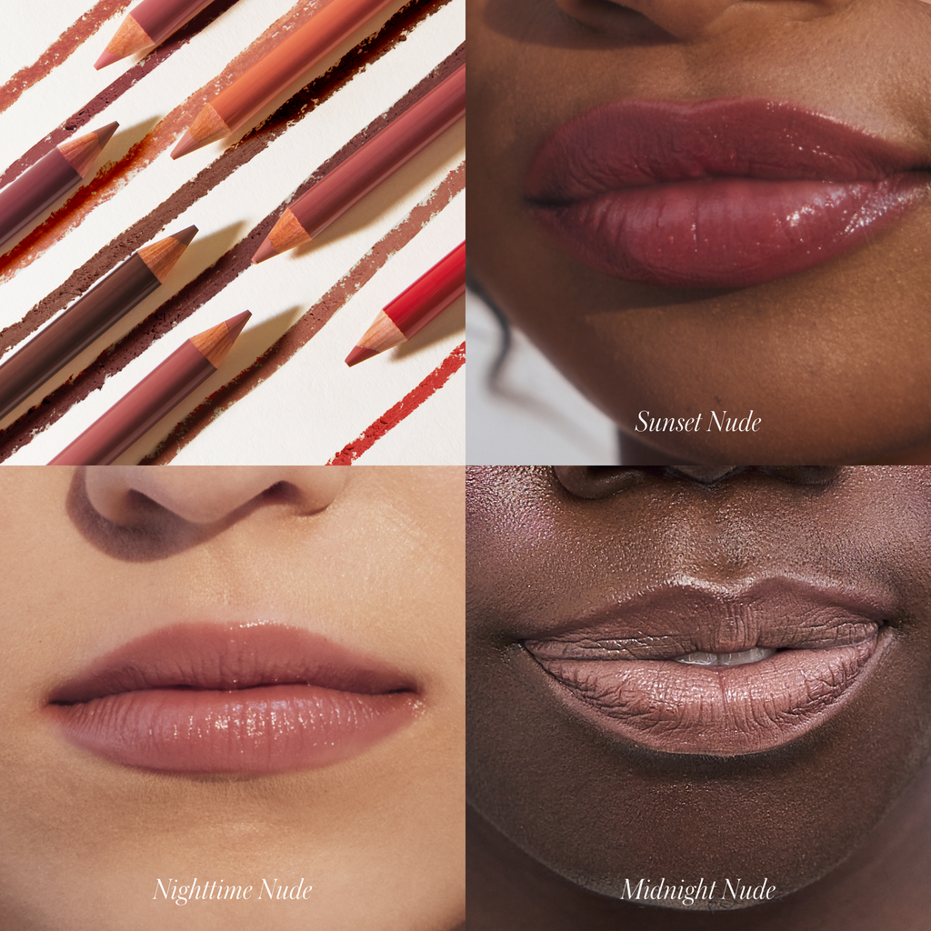 Four shades of lipstick swatches with corresponding lip application on diverse skin tones, labeled with names of different times of day.